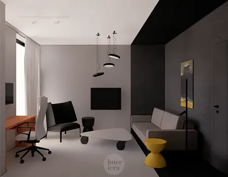 Wnętrze eklektycznego pokoju z minimalistycznymi akcentami, w stylu japandi.