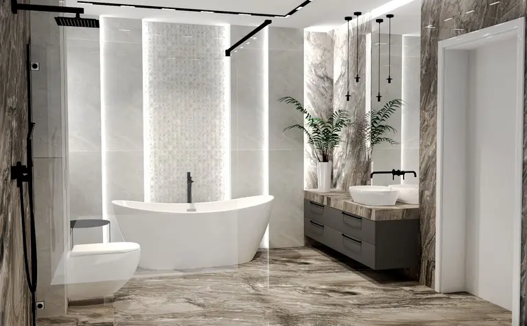 Łazienka z wanną, umywalką i nowoczesnym wykończeniem w stylach art deco oraz minimalistycznym.