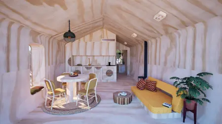Wnętrze boho z drewnianymi ścianami, okrągłym stołem i sofy w stylu skandynawskim.