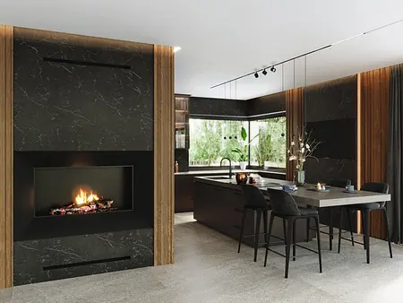 Nowoczesna kuchnia z minimalistycznym wystrojem, czarnym blatem i drewnianymi detalami.