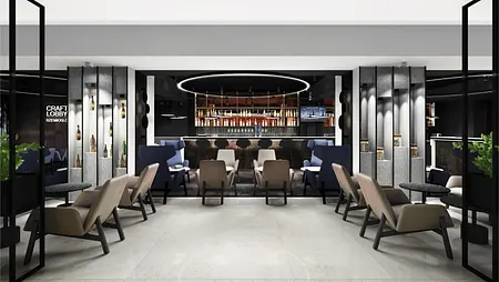 Wnętrze lobby z niebieskimi sofami i drewnianym barem, industrialny i nowoczesny styl.