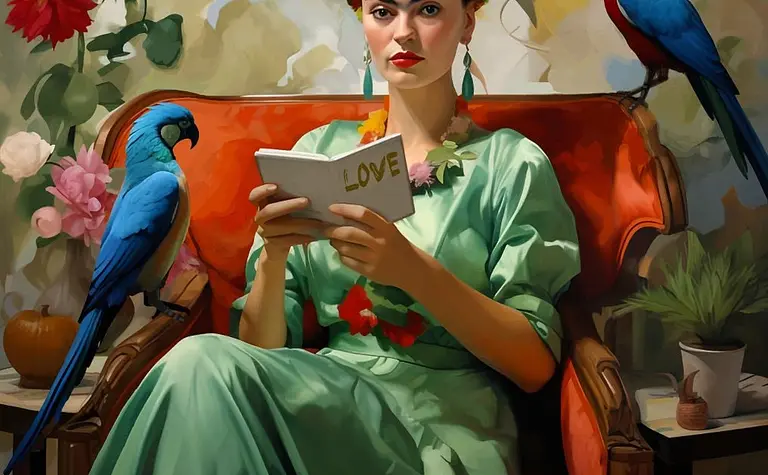 Kobieta w zielonej sukience czytająca książkę, obok kolorowe papugi, styl art deco, eklektyczny, glamour.