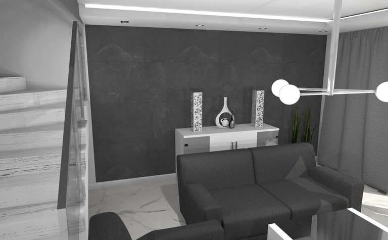 Wnętrze salonu w stylu industrialnym z minimalistycznymi meblami i skandynawskimi akcentami.