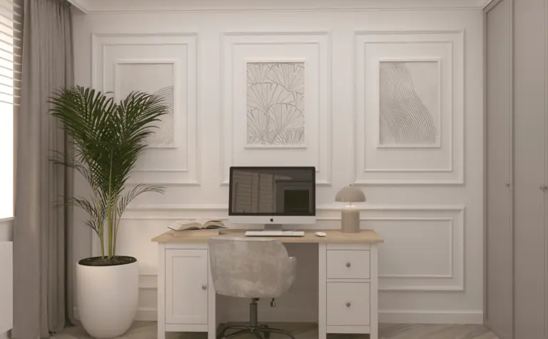 Nowoczesny gabinet w stylu quiet luxury z białym biurkiem, rośliną i eleganckimi detalami.
