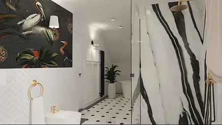 Stylowa łazienka z czarnymi i białymi detalami, rośliną i elegancką tapetą.