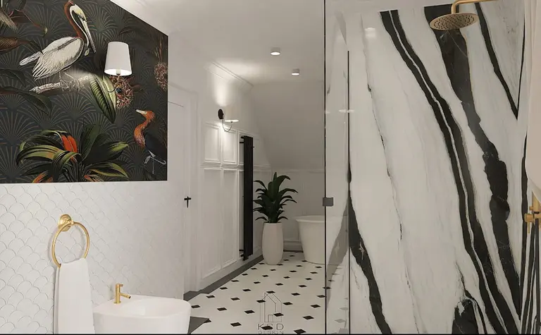 Stylowa łazienka z czarnymi i białymi detalami, rośliną i elegancką tapetą.