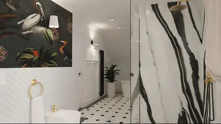 Stylowa łazienka z czarnymi i białymi detalami, rośliną i elegancką tapetą.