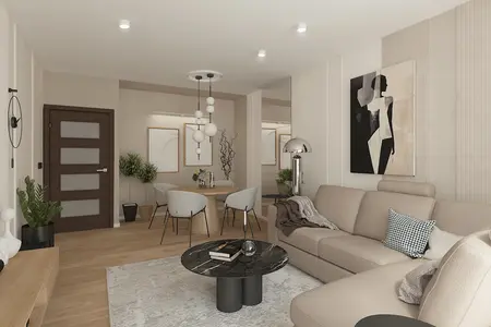 Wnętrze salonu w stylu minimaluxe z jasnymi meblami i nowoczesnymi dodatkami.