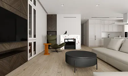 Wnętrze salonu w stylu eklektycznym z minimalistycznymi akcentami, zielony fotel i biały kominek.