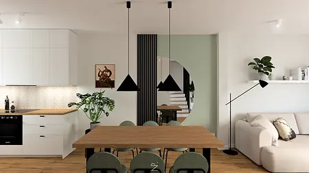 Wnętrze jadalni w stylu minimalistycznym, nowoczesnym i skandynawskim z drewnianym stołem.