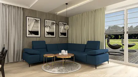 Wnętrze salonu w stylu soft minimalizm z niebieską sofą i drewnianym stołem.