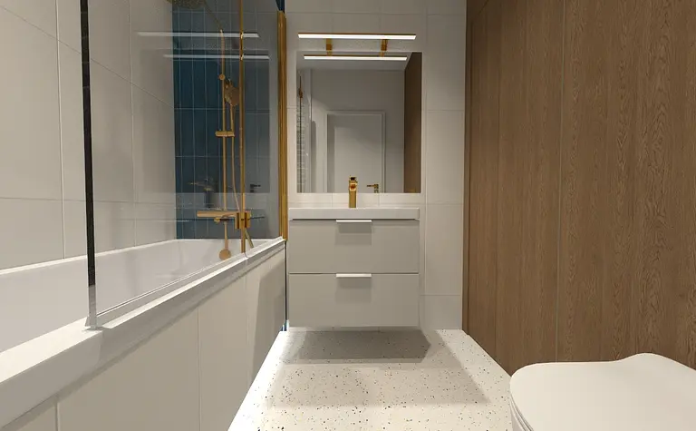 Nowoczesna łazienka z białą wanną i drewnianymi elementami, z złotymi akcentami.