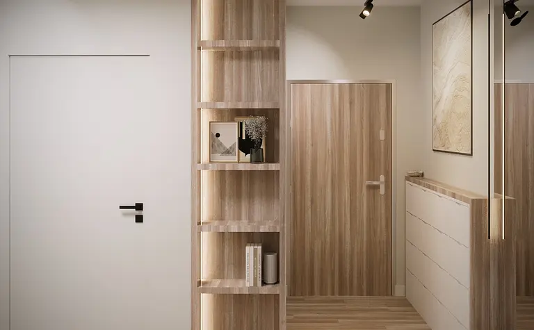 Przedpokój w stylu minimalistycznym z drewnianymi akcentami i białymi meblami.