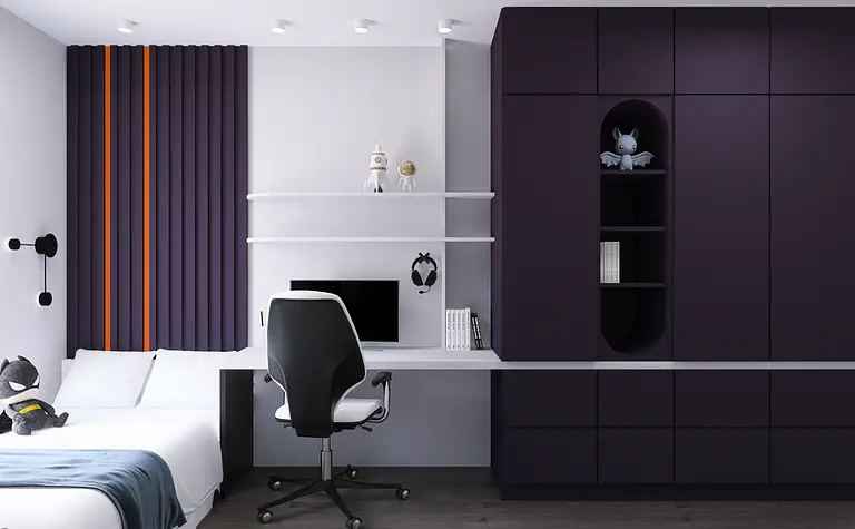 Wnętrze pokoju z biurkiem, fioletowymi akcentami, minimalistyczny i nowoczesny design.
