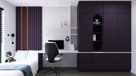 Wnętrze pokoju z biurkiem, fioletowymi akcentami, minimalistyczny i nowoczesny design.