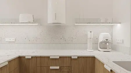 Kuchnia w stylu japandi i minimalistycznym z drewnianymi meblami i białymi detalami.