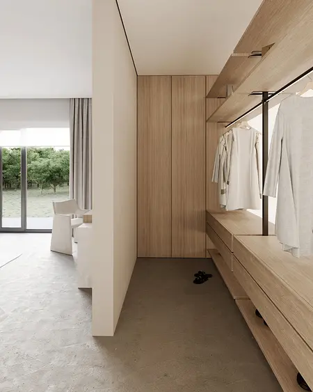 Garderoba w stylu japandi, minimalistycznym z drewnianymi meblami i nowoczesnym oświetleniem.