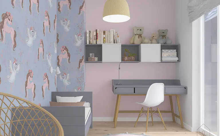 Pokój dziecięcy w stylu minimalistycznym z różowymi dodatkami i biurkiem.