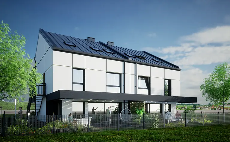 Eklektyczny dom z industrialnymi detalami, biała elewacja, zielony ogród.
