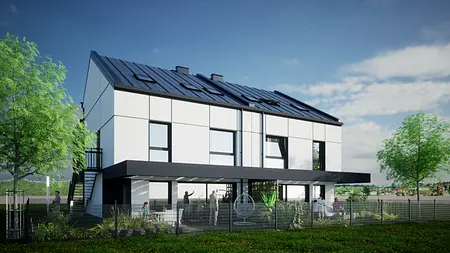 Eklektyczny dom z industrialnymi detalami, biała elewacja, zielony ogród.
