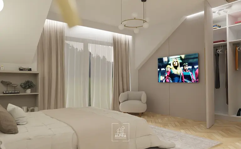 Wnętrze sypialni z beżowym łóżkiem, telewizorem i szafą w stylu glamour.
