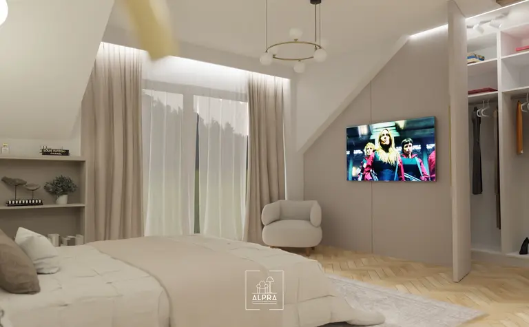 Wnętrze sypialni z beżowym łóżkiem, telewizorem i szafą w stylu glamour.