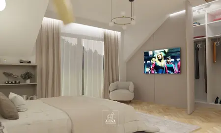 Wnętrze sypialni z beżowym łóżkiem, telewizorem i szafą w stylu glamour.