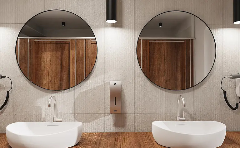 Nowoczesna łazienka z industrialnymi i minimalistycznymi elementami, drewniane akcenty.