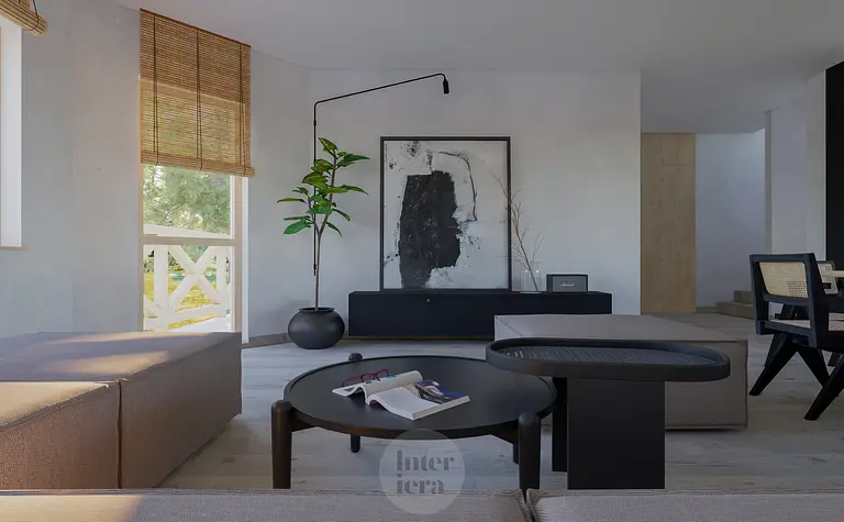 Minimalistyczne wnętrze salonu w stylu japandi z rośliną i nowoczesnymi meblami.