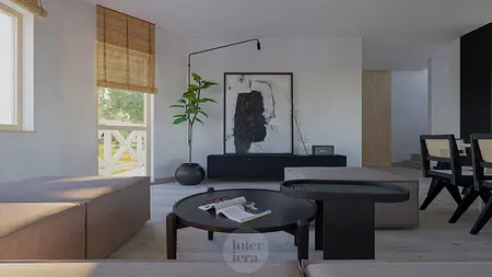 Minimalistyczne wnętrze salonu w stylu japandi z rośliną i nowoczesnymi meblami.