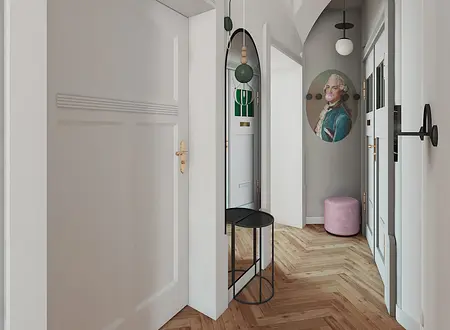 Przedpokój z lustrem, drewnianą podłogą i dekoracjami dopamine decor.