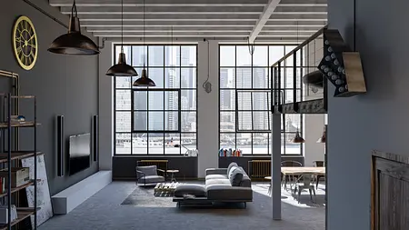 Wnętrze salonu w stylu industrialnym z dużymi oknami i nowoczesnymi meblami.
