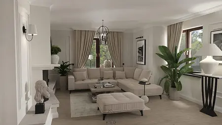 Wnętrze salonu z beżową sofą, kwiatami i lampą w stylu quiet luxury.