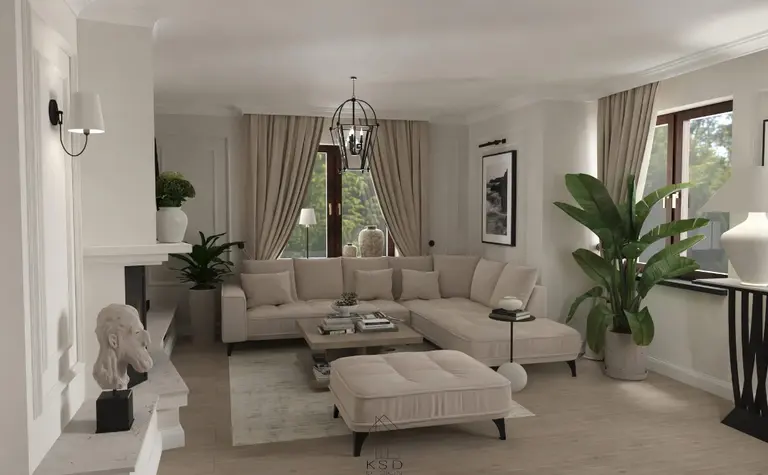 Wnętrze salonu z beżową sofą, kwiatami i lampą w stylu quiet luxury.