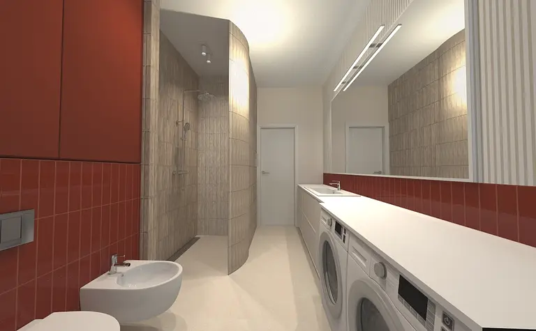 Wnętrze łazienki z czerwoną ścianą, prysznicem i białymi meblami w stylu eklektycznym.