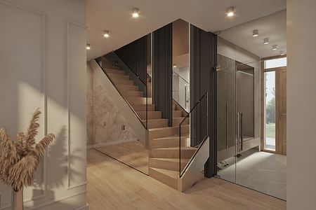 Wnętrze przedpokoju z drewnianymi schodami i szklanymi akcentami w stylu glamour.