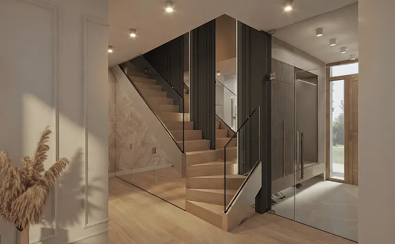 Wnętrze przedpokoju z drewnianymi schodami i szklanymi akcentami w stylu glamour.