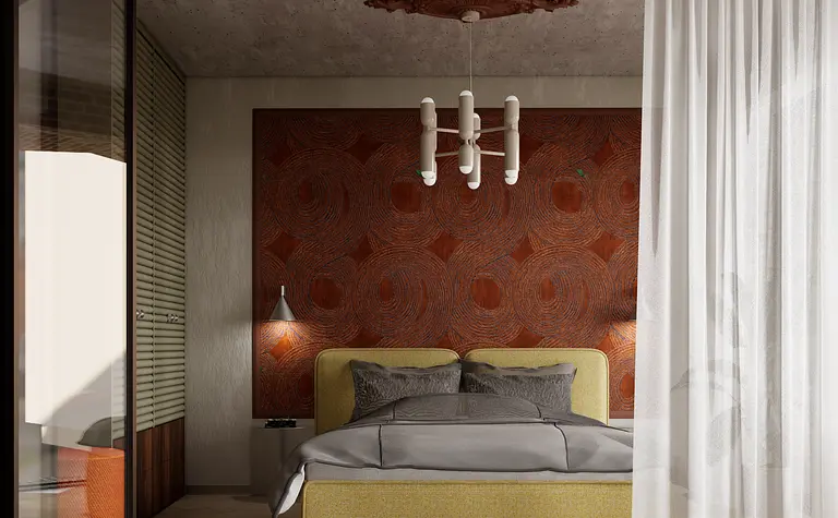 Sypialnia w stylu art deco z brązową ścianą, żółtym łóżkiem i industrialnym oświetleniem.
