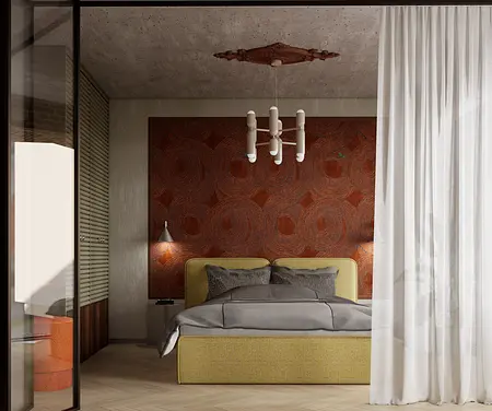 Sypialnia w stylu art deco z brązową ścianą, żółtym łóżkiem i industrialnym oświetleniem.