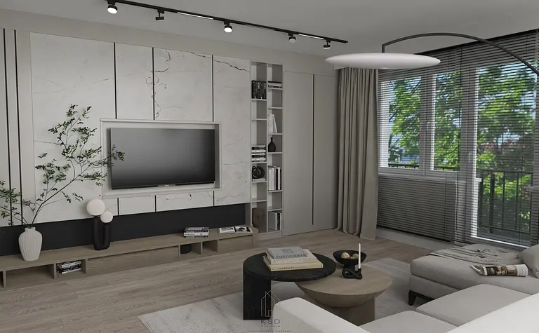 Wnętrze salonu z jasnymi meblami i ciemnymi detalami, nowoczesny design.