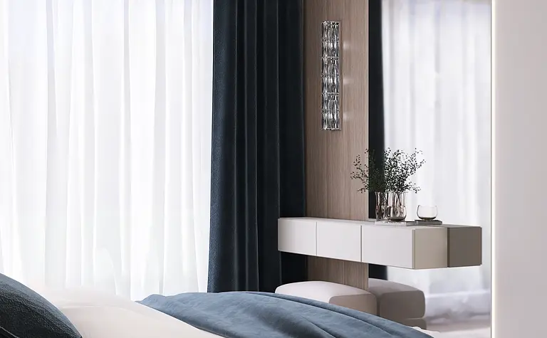 Minimalistyczna sypialnia z nowoczesnym łóżkiem, zasłonami i drewnianymi akcentami.