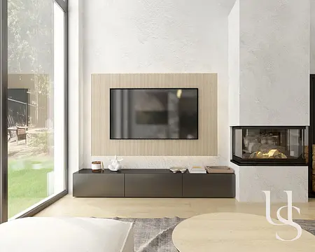 Nowoczesny salon z telewizorem, kominkiem i dużymi oknami w stylu japandi i minimalistycznym.