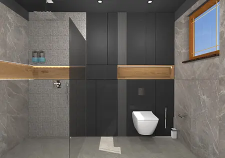 Wnętrze łazienki z szarymi kaflami, drewnianymi detalami, styl dopamine decor, minimalistyczny, industrialny, skandynawski.