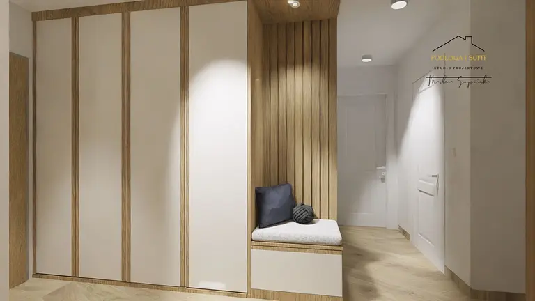 Minimalistyczny przedpokój z jasnymi meblami i drewnianymi detalami