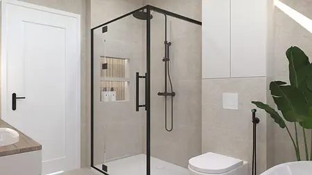 Wnętrze łazienki z prysznicem, drewnianymi detalami, boho, japandi, minimalistyczny, nowoczesny.