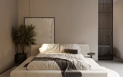 Sypialnia w stylu japandi, minimalistycznym z jasnym łóżkiem, drewnem i nowoczesnymi akcentami.