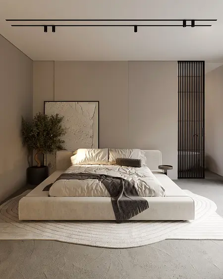 Sypialnia w stylu japandi, minimalistycznym z jasnym łóżkiem, drewnem i nowoczesnymi akcentami.