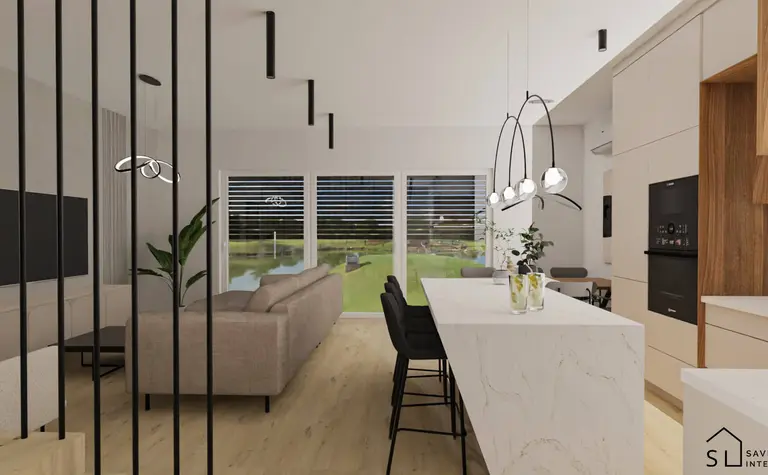 Nowoczesne wnętrze salonu z białą kuchnią i roślinami, minimalistyczny design.