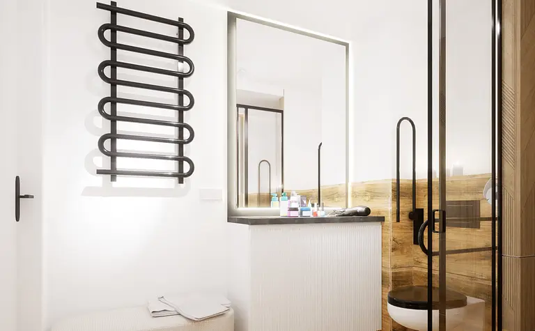 Nowoczesna łazienka w stylu boho, skandynawskim i eklektycznym z drewnianymi detalami.