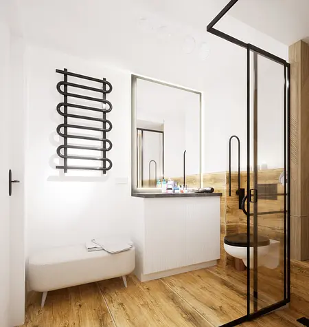 Nowoczesna łazienka w stylu boho, skandynawskim i eklektycznym z drewnianymi detalami.